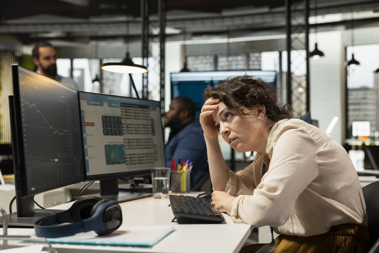 Frustrated employee working with a slow legacy system at her desk